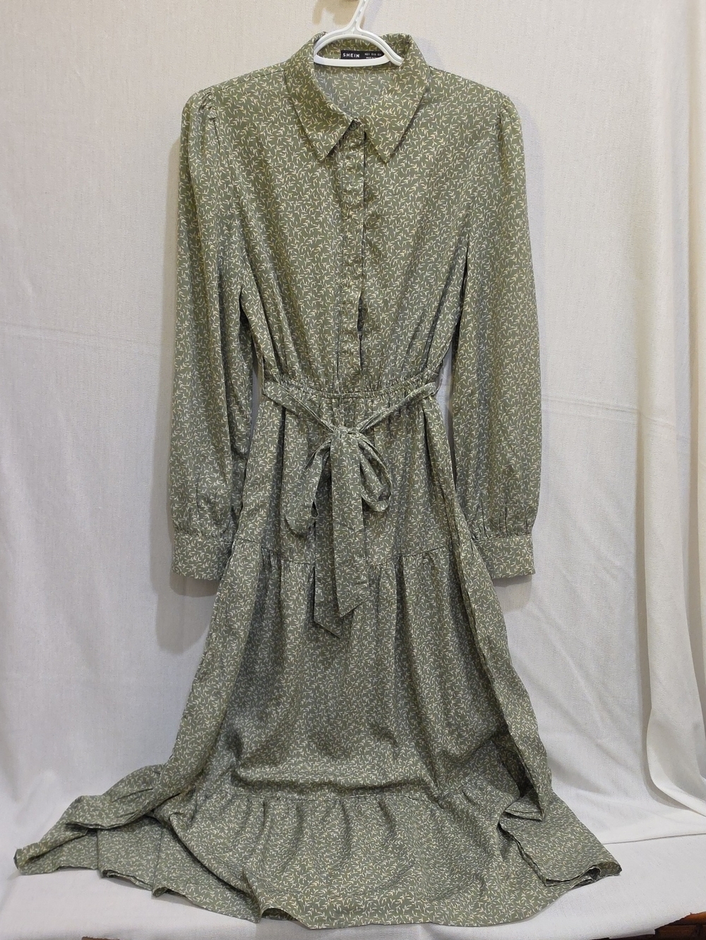 SHEIN Olive Green Floral Button-Front Long Sleeve Midi Dress